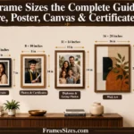 Frame Sizes: The Complete Guide to Picture, Poster, Canvas & Certificate Frames Infographic showing the most common picture frame sizes, including 4×6, 5×7, 8×10, 11×14, 16×20, and 24×36 inches for photos, posters, canvas art, certificates, and wall décor.