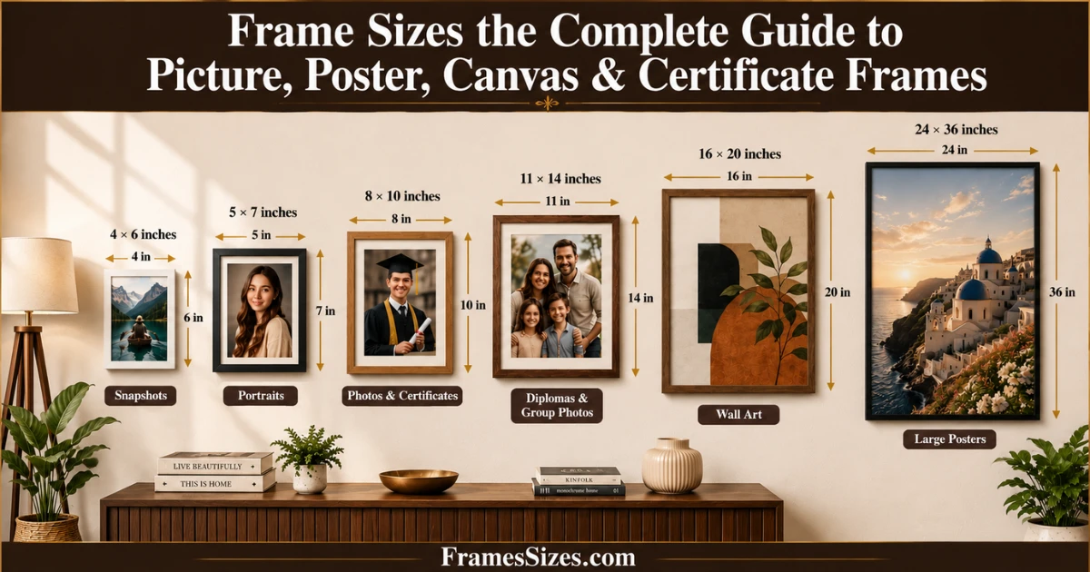 Infographic showing the most common picture frame sizes, including 4×6, 5×7, 8×10, 11×14, 16×20, and 24×36 inches for photos, posters, canvas art, certificates, and wall décor.