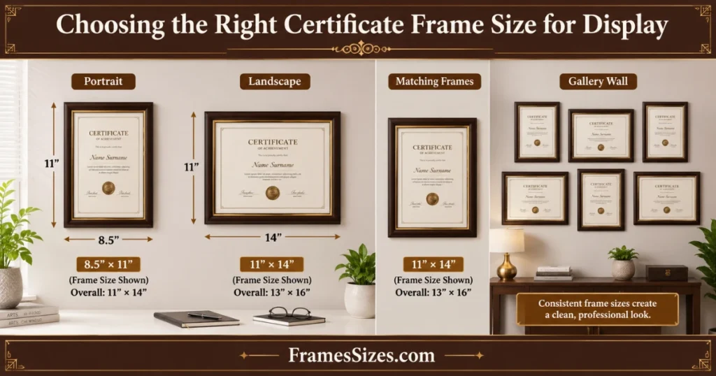 Choosing the Right Certificate Frame Size for Display – portrait, landscape, matching frames and gallery wall with 8.5 × 11 and 11 × 14 dimensions