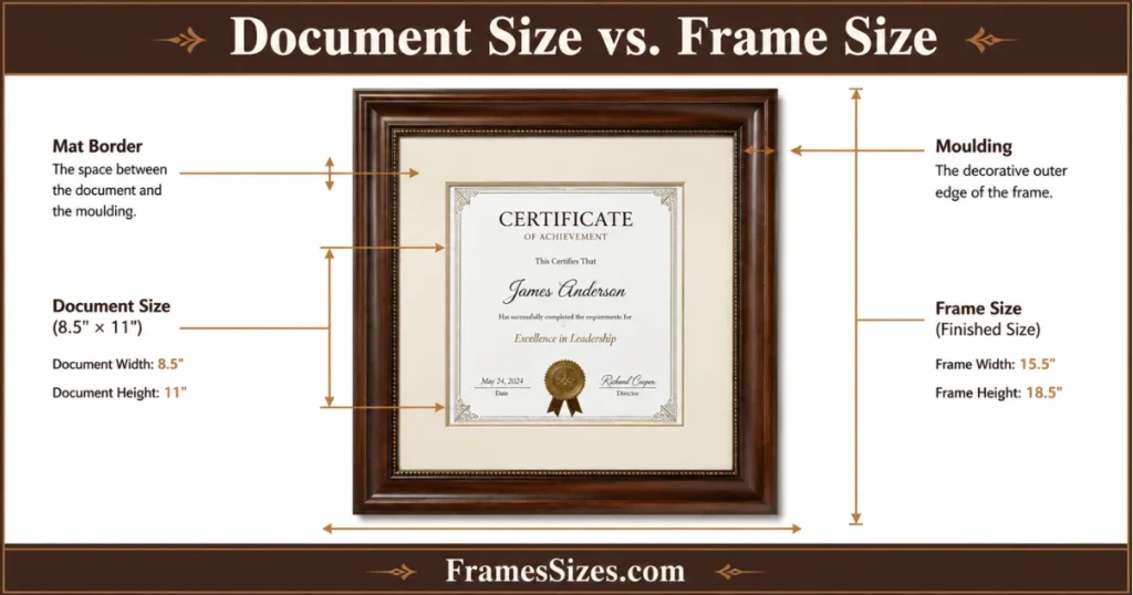 Document size vs frame size showing an 8.5 × 11 inch certificate inside a larger wooden frame with mat border and moulding dimensions.