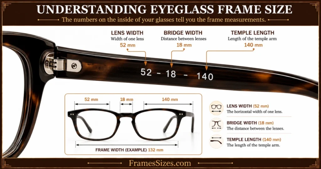 Eyeglass frame size measurement guide showing 52-18-140 temple markings, lens width 52 mm, bridge width 18 mm, and temple length 140 mm