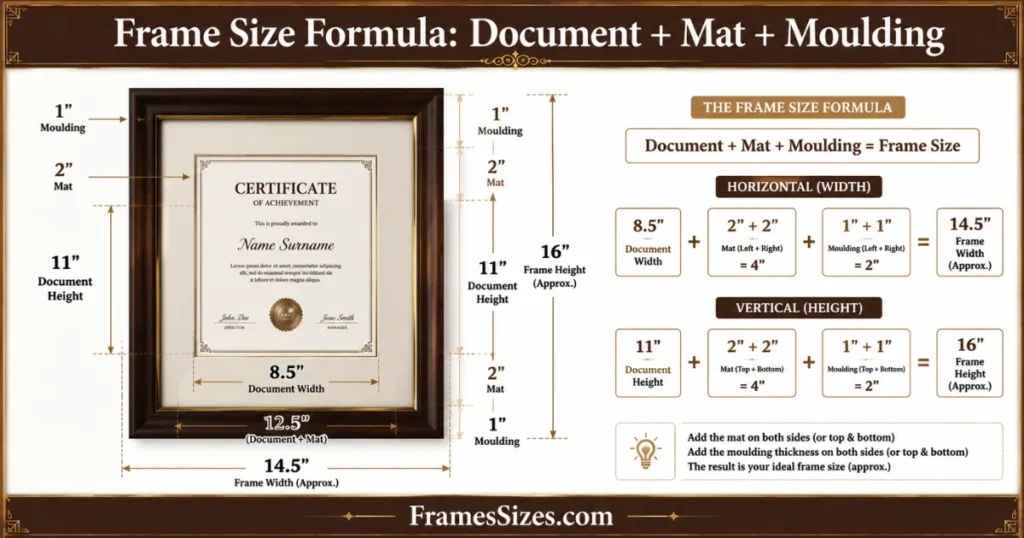 Exploded-view framing infographic showing an 8.5 × 11 inch certificate, 2-inch mat border, 1-inch moulding, and approximate 14.5-inch frame width calculation.