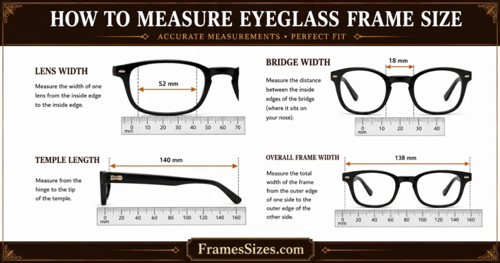 How to measure eyeglass frame size using a ruler showing lens width, bridge width, temple length, and overall frame width