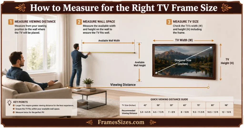 How to Measure for the Right TV Frame Size infographic showing viewing distance, wall space, TV width and height