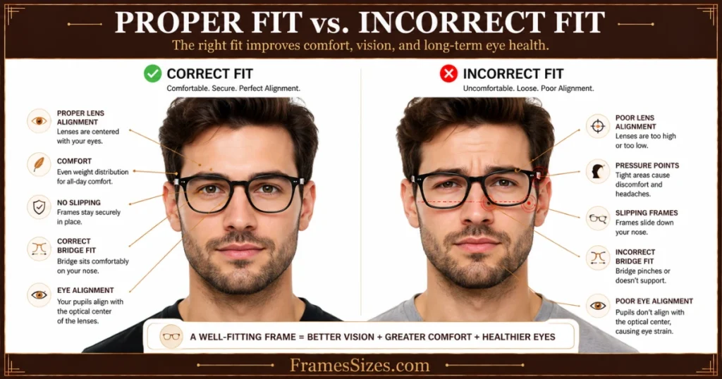 Proper vs incorrect eyeglass frame fit showing lens alignment, bridge fit, comfort, slipping frames, pressure points, and eye alignment