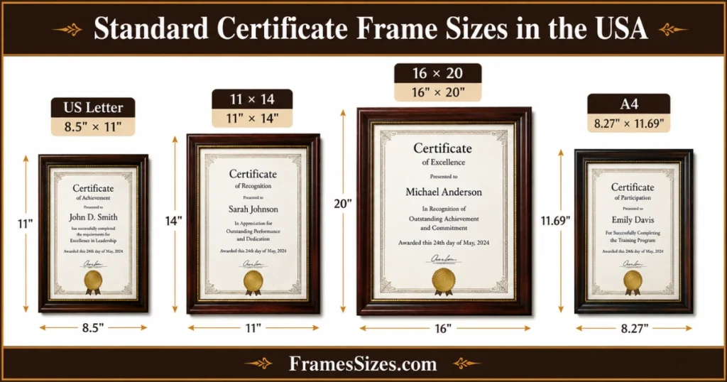 Standard certificate frame sizes in the USA showing US Letter, 11 × 14, 16 × 20, and A4 certificate frames with measurement arrows.