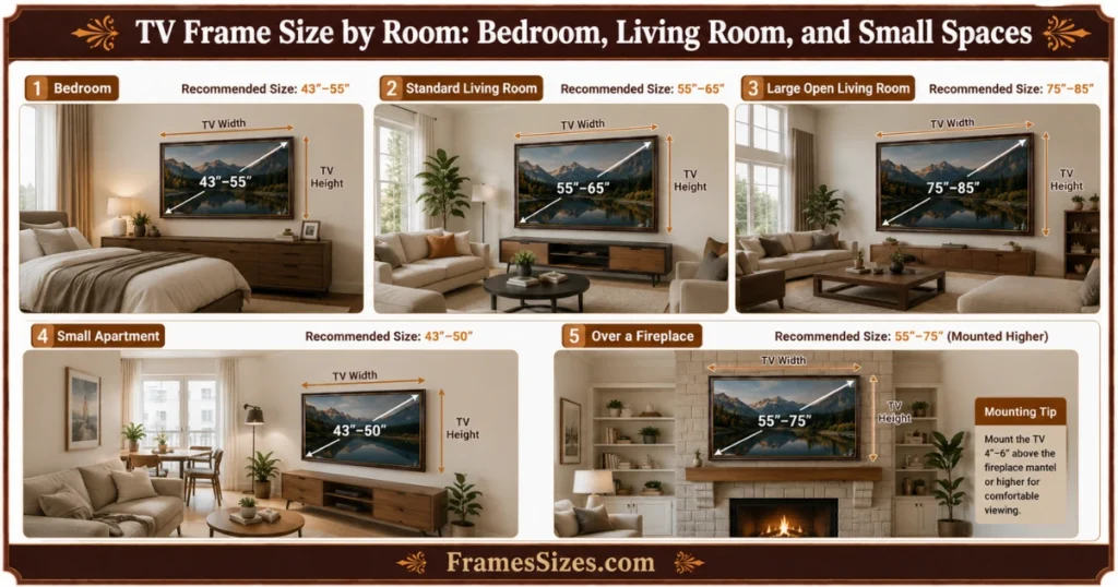 TV frame size by room infographic showing bedroom, living room, large living room, small apartment, and fireplace TV sizes