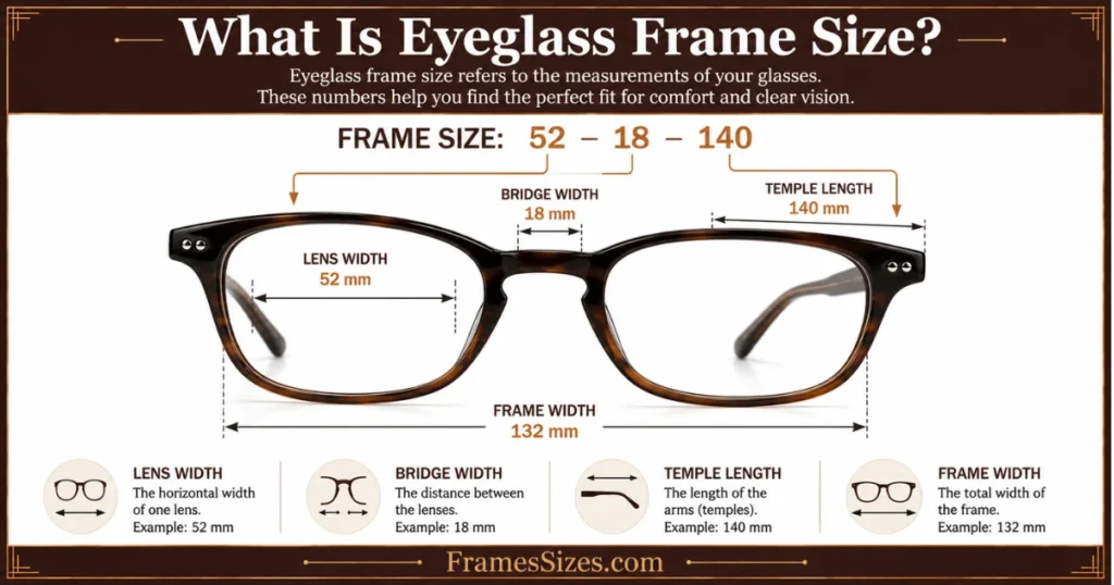 What is eyeglass frame size infographic showing 52-18-140 glasses measurements, including lens width, bridge width, temple length, and frame width
