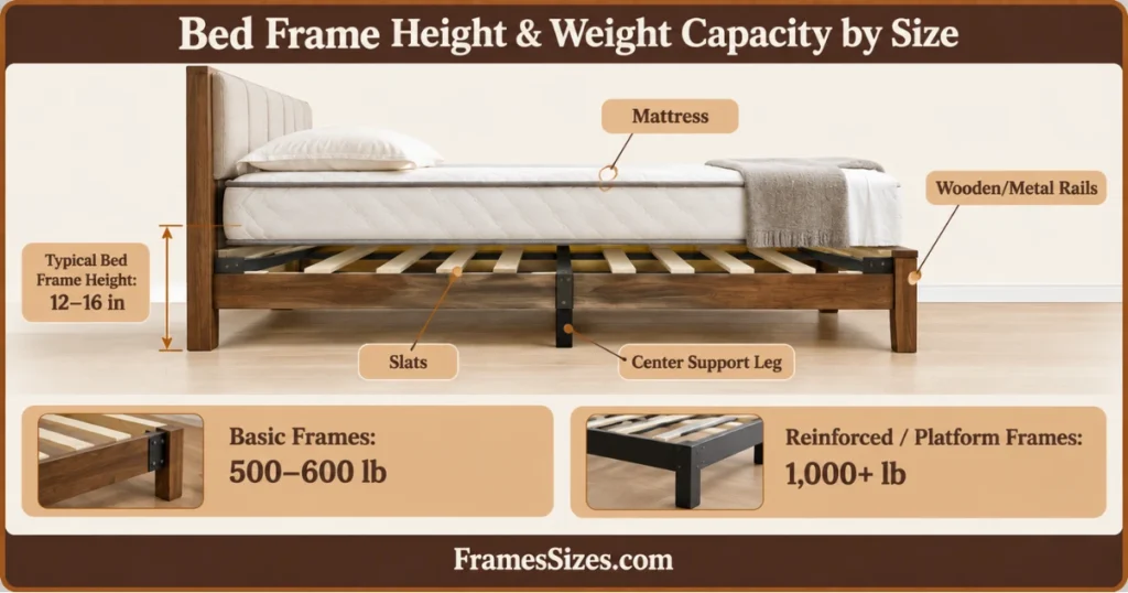 Bed frame height and weight capacity infographic showing 12–16 inch height and 500–600 lb to 1,000+ lb capacity