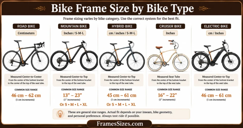 Bike frame size comparison showing realistic road, mountain, hybrid, cruiser, and electric bikes with different sizing systems.
