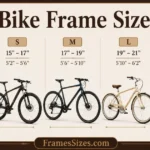 Bike Frame Size Guide: How to Find the Right Bike Frame Size for Your Height Create an ultra-realistic educational infographic titled “What Is Bike Frame Size?” Show a realistic road bicycle in a clean side profile. Highlight the main frame measurement used for sizing: Bottom Bracket → Seat Tube Use a precise measurement arrow running from the center of the bottom bracket upward along the seat tube to clearly show where frame size is measured. Label the important components: Bottom Bracket Seat Tube Top Tube Head Tube Make the seat tube measurement visually dominant and clearly distinguish frame size from wheel diameter. Use a realistic professional bicycle with accurate geometry and components. Header #4A2C2A, title #F9F6F1, measurement arrows #B87333, highlights #D4A373, premium white background, strong brown rounded border. Bottom center: FramesSizes.com Bike frame size guide showing XS, S, M, L, and XL bicycle sizes with recommended frame measurements and rider height ranges.