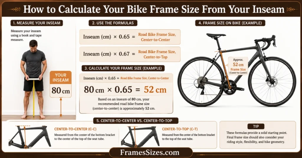 How to calculate bike frame size from an 80 cm inseam using 0.65 and 0.67 formulas, with center-to-center and center-to-top measurements explained.