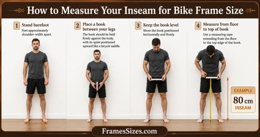 Step-by-step infographic showing how to measure inseam for bike frame size using a book and measuring tape, with an 80 cm example.