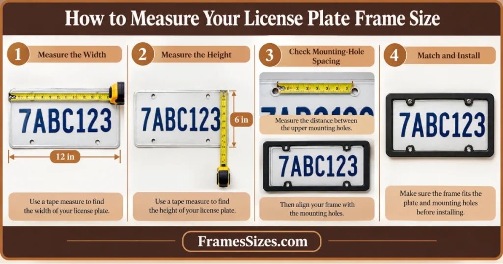 How to measure a license plate frame size using plate width, height, and mounting-hole spacing