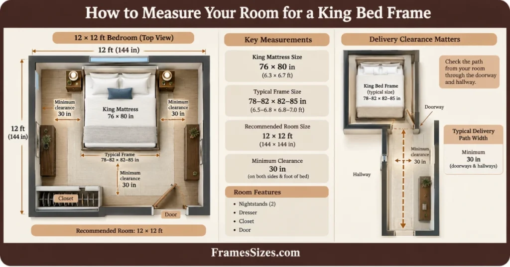 How to measure a room for a king bed frame using a 12 × 12 ft bedroom layout, 76 × 80 inch king mattress, 30 inch clearance, and delivery path.