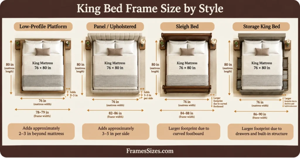 King bed frame size by style, comparing low-profile platform, panel upholstered, sleigh, and storage king bed frames around a 76 × 80 inch mattress.