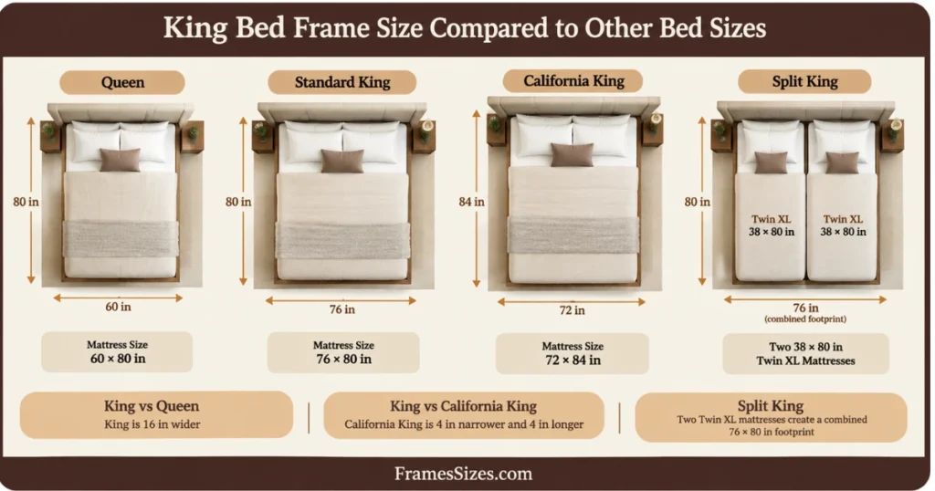 King bed frame size compared with Queen, California King, and Split King bed sizes, showing mattress dimensions and size differences.