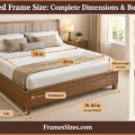 King bed frame size infographic showing 76 × 80 inch mattress and 78–82 × 82–85 inch frame dimensions