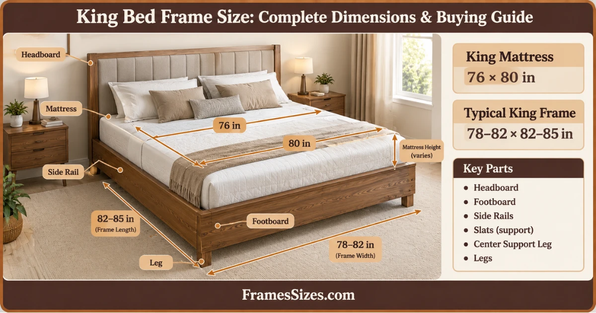 King bed frame size infographic showing 76 × 80 inch mattress and 78–82 × 82–85 inch frame dimensions