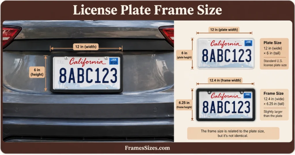 License plate frame size showing standard U.S. license plate dimensions of 12 inches wide by 6 inches tall with frame size comparison