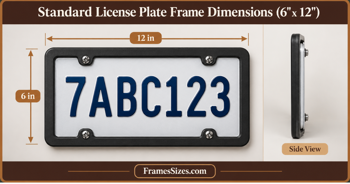Standard license plate frame dimensions showing a 12-inch width and 6-inch height with measurement arrows and side view