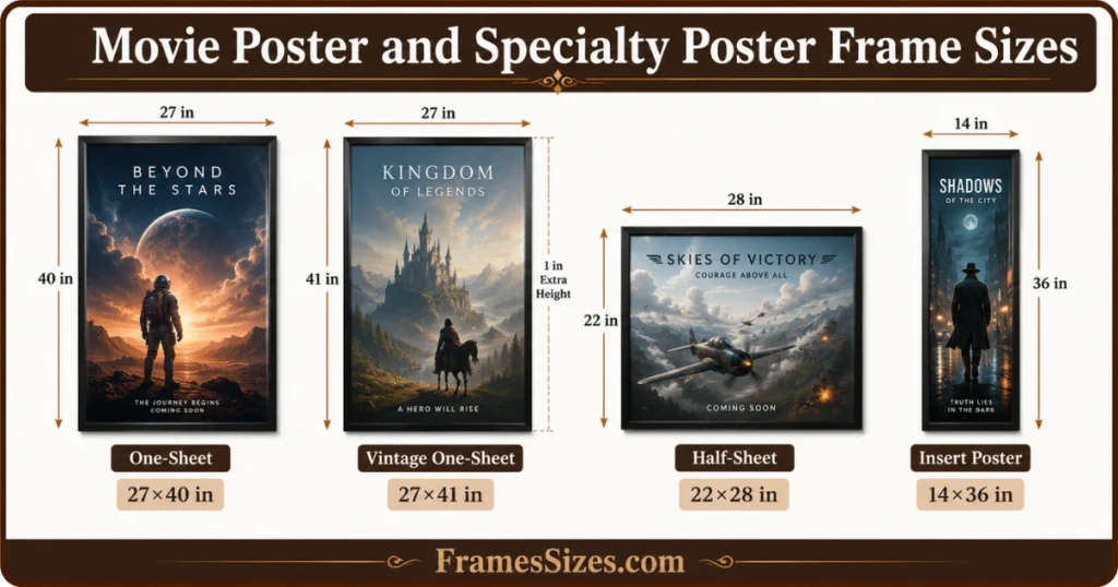 Movie poster and specialty poster frame sizes infographic comparing One-Sheet 27×40 inches, Vintage One-Sheet 27×41 inches, Half-Sheet 22×28 inches, and Insert Poster 14×36 inches.