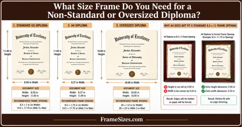 Standard US, A4, and oversized diploma size comparison showing width and height measurements for choosing the correct frame