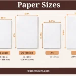 Paper sizes chart showing US Letter, US Legal, US Tabloid, A4, A3, and A5 paper dimensions with width and height measurements