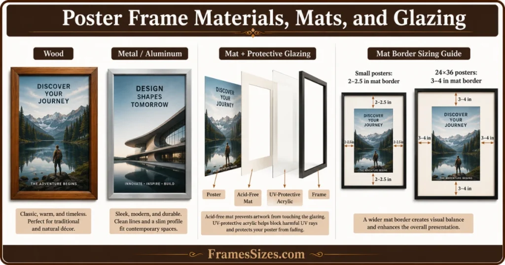 Poster frame materials, mats, and glazing infographic comparing wood and aluminum frames, protective framing layers, and recommended mat border sizes.