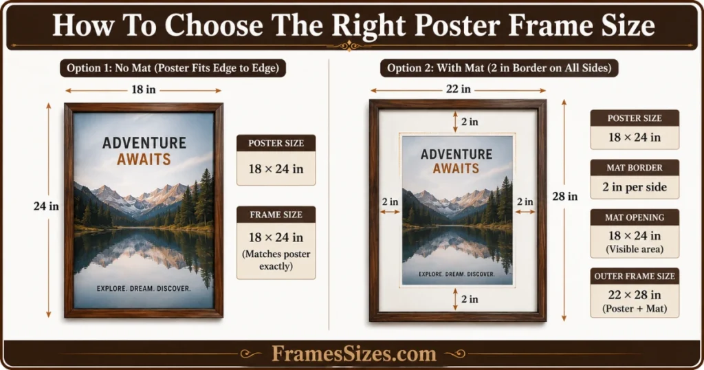 Comparison infographic showing how an 18×24 inch poster fits in an 18×24 frame without a mat versus a 22×28 outer frame with a 2-inch mat border on all sides.