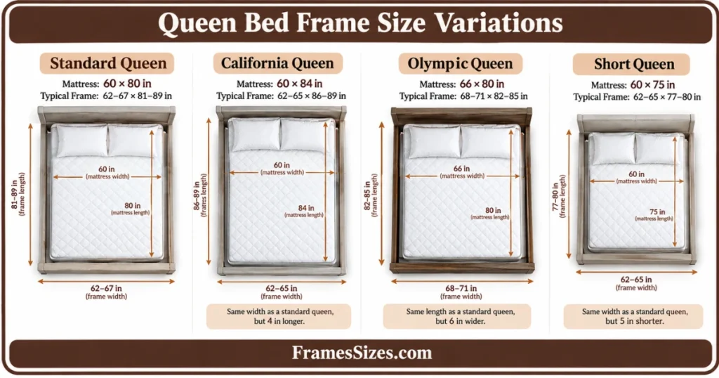 Queen bed frame size variations showing Standard Queen, California Queen, Olympic Queen, and Short Queen mattress and typical frame dimensions.