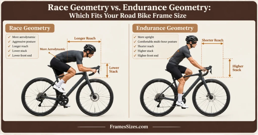 Race geometry vs endurance geometry road bike comparison showing stack, reach, riding position, and frame geometry differences