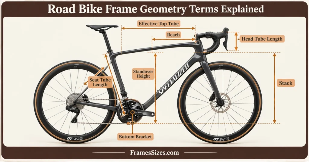 Road bike frame geometry diagram showing stack, reach, effective top tube, seat tube length, head tube length, and standover height