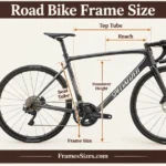 Road bike frame size infographic showing top tube, seat tube, standover height, stack, reach, rider height, and inseam