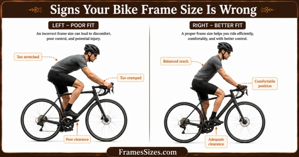 Bike fit comparison showing signs of an incorrect frame size versus a better fit, including reach, riding position, and standover clearance.