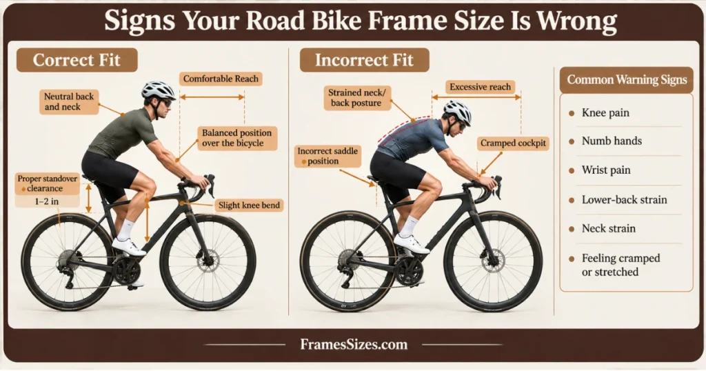Signs your road bike frame size is wrong showing correct fit, incorrect fit, reach, knee bend, standover clearance, and warning signs