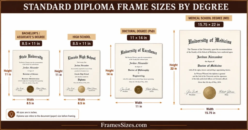 Standard diploma frame sizes by degree showing Bachelor's, High School, Doctoral, and Medical School diploma dimensions