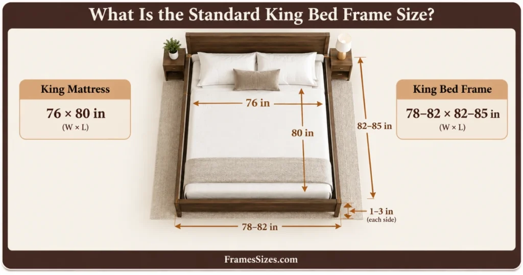 What Is the Standard King Bed Frame Size showing a 76 × 80 inch king mattress and 78–82 × 82–85 inch bed frame dimensions