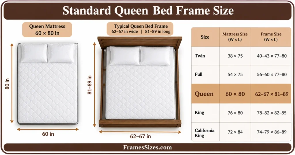 Standard queen bed frame size infographic showing a 60 × 80 inch queen mattress and typical 62–67 inch wide by 81–89 inch long bed frame dimensions.