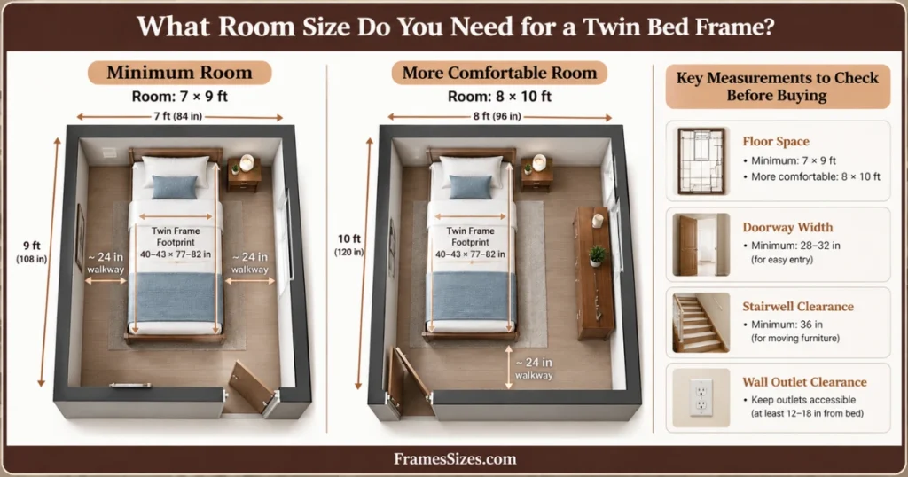 What room size do you need for a twin bed frame showing 7×9 ft minimum and 8×10 ft comfortable bedroom layouts