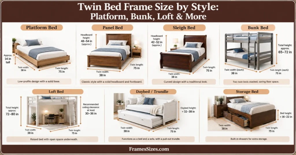 Twin bed frame sizes by style showing platform, panel, sleigh, bunk, loft, daybed with trundle, and storage bed dimensions