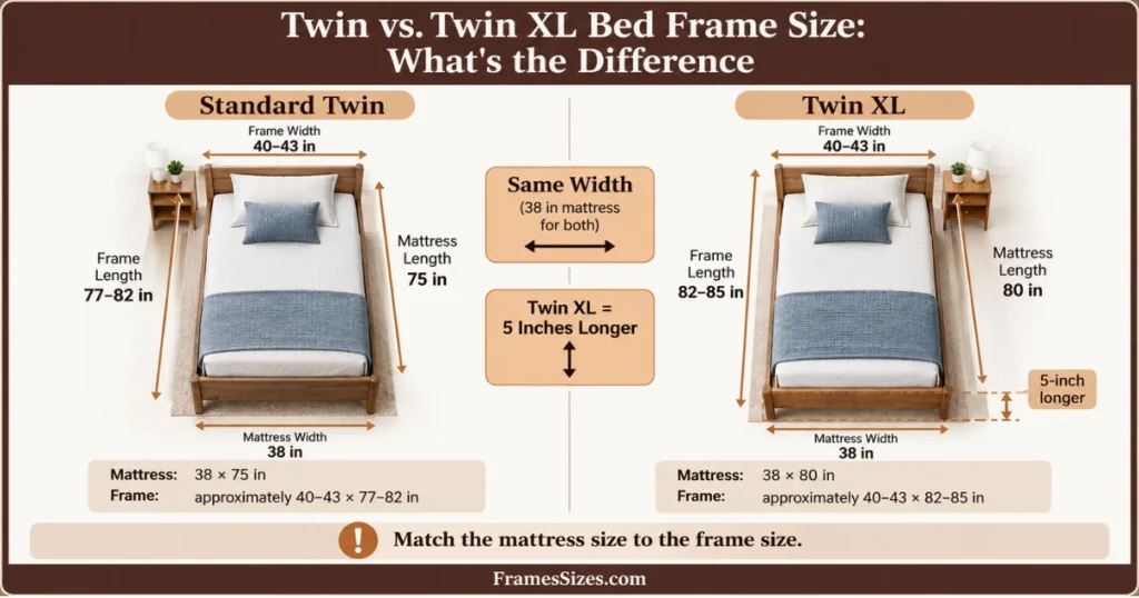Twin vs. Twin XL bed frame size comparison showing mattress and frame dimensions, with Twin XL 5 inches longer